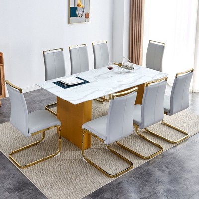 NicBex 9 Piece White Patterned Glass Dining Table Set with 8 Faux Leather Chairs for Dining Meeting Room