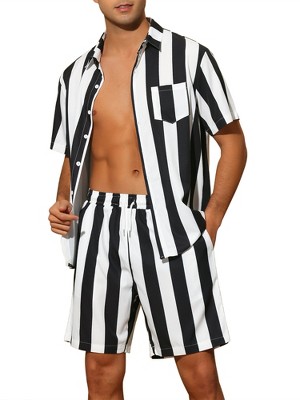 Lars Amadeus Men's Hawaiian Stripes Beach Shirt and Shorts Sets 2 Pieces