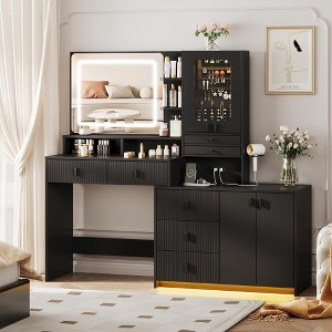 57" Large Vanity Desk with Mirror and Lights, Makeup Vanity with Jewelry Cabinet, 7 Drawers & Charing Sation - 1 of 4