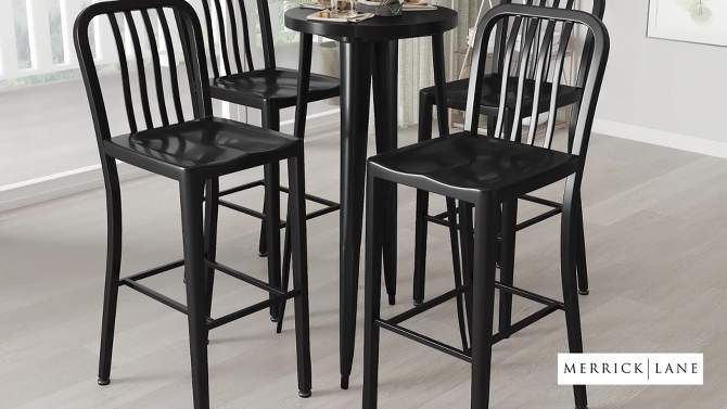 Merrick Lane Outdoor Dining Set with 24" Round Table and Slatted Back Bar Stools with Footrests, 2 of 7, play video