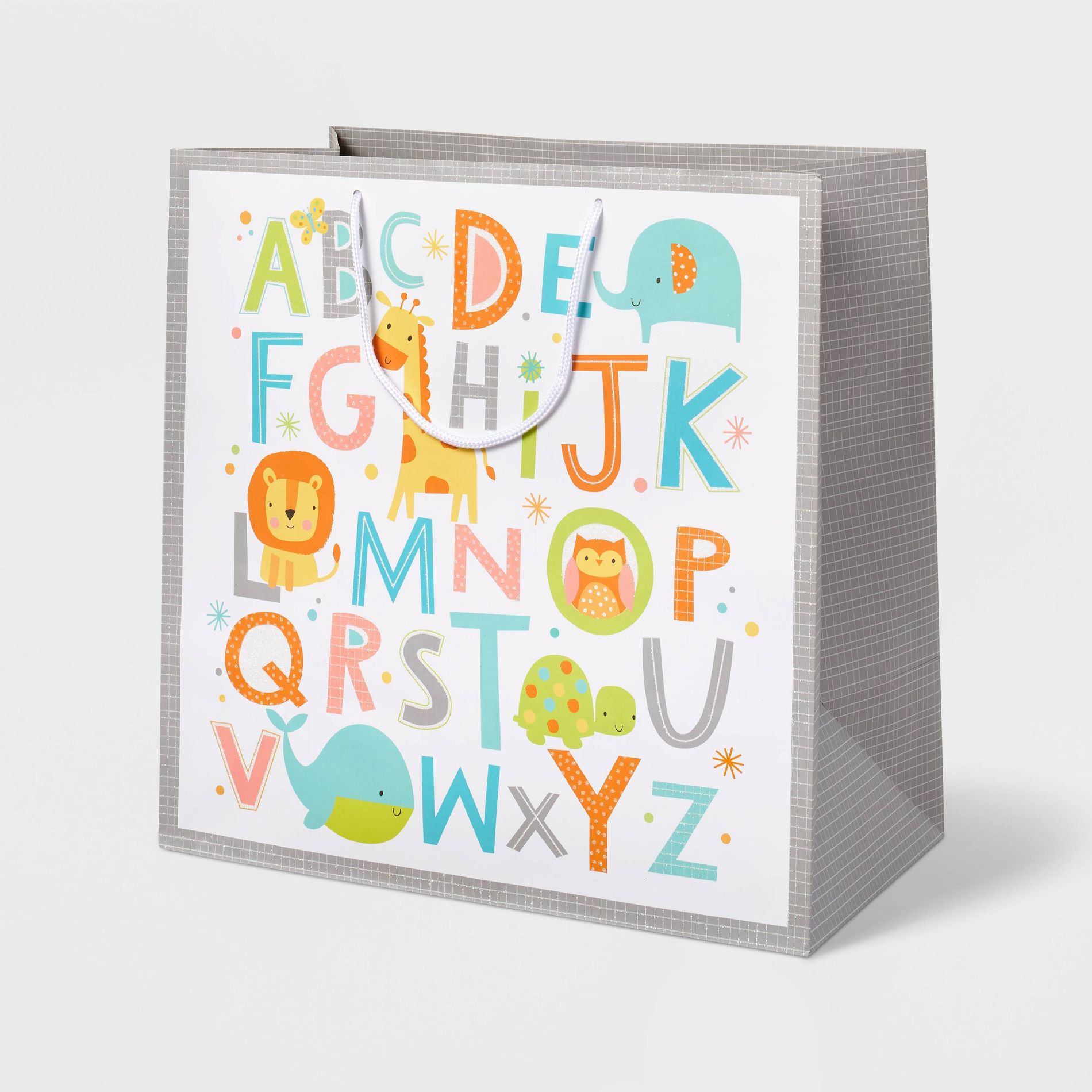 Large ABC's and Animals Baby Shower Gift Bag - Spritz™: Multicolor Paper, Typography Pattern, 15"x15"x8"
