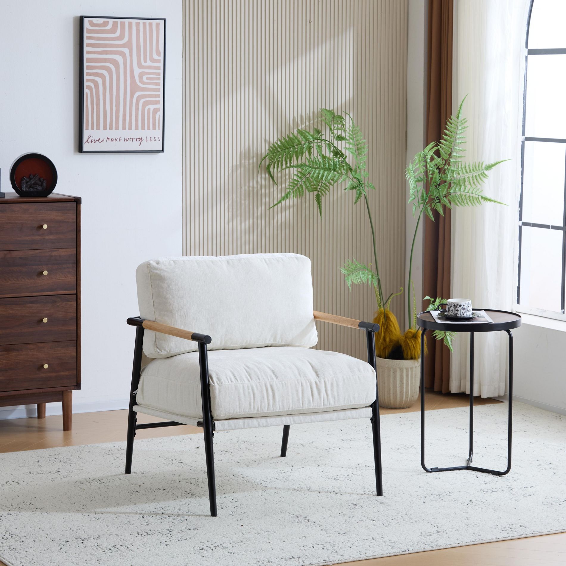 Modern Accent Chair with Cushions, Mid-Century Reading Chair Armchair w/ Metal Frame and Wooden Armrest Design, White - ModernLuxe