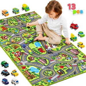 Joyfy Kids Car Play Rug for Playroom, Durable Toddler Car Track Play Mat Rug, Car Carpet with 12 Pull-Back Vehicle Set - City Pretend Play - 1 of 4