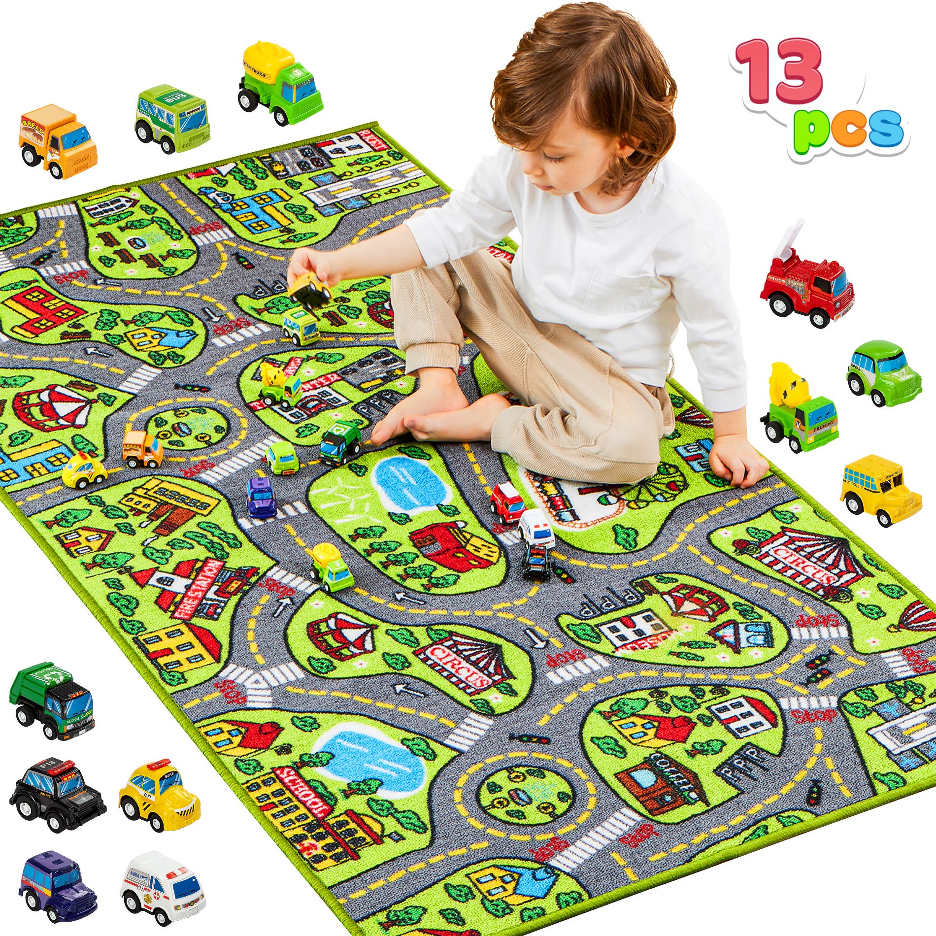 Joyfy Car Play Rug for Toddlers, City-Themed Pretend Playmat with 12 Pcs Pull-Back Vehicle Set for Kids Indoor Play, Fun Activities and Birthday Gift