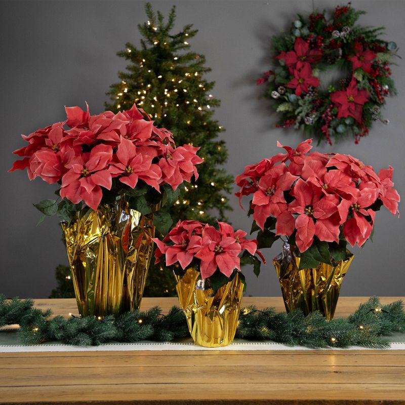 Northlight 14.5" Dark Pink Artificial Christmas Poinsettia with Gold Wrapped Base, 3 of 7