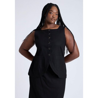 ELOQUII Women's Plus Size Square Neck Scoop Hem Linen Blend Vest - 28, Black Onyx