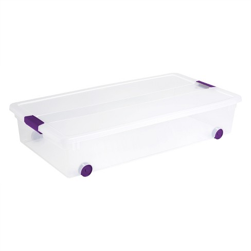 Sterilite ClearView Latch Box Clear with Purple Latches, 66 Qt, 23.62″x  16.38″ x 13.25″ – Pack of 12 – Find Organizers That Fit