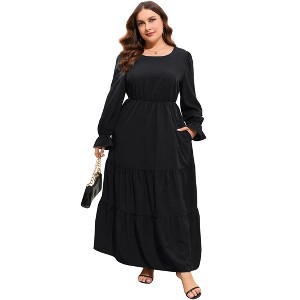 Plus Size Casual Dress for Women Long Sleeve Round Neck Dress Double Layer Hem Comfortable Maxi Dress with Pockets - 1 of 4