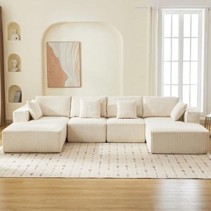 Acekool 137" U-Shaped Cloud Sectional - No Assembly Corduroy Sofa with Convertible Chaise & Deep Seating for Living Rooms (White) - 1 of 4