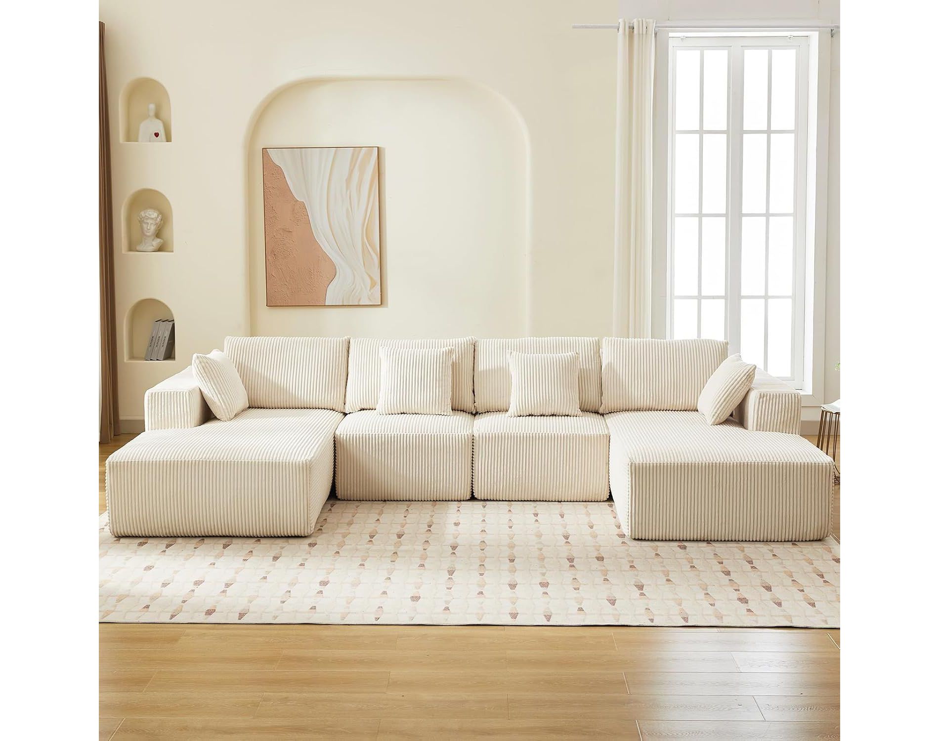 Acekool 137" U-Shaped Cloud Sectional - No Assembly Corduroy Sofa with Convertible Chaise & Deep Seating for Living Rooms (White)
