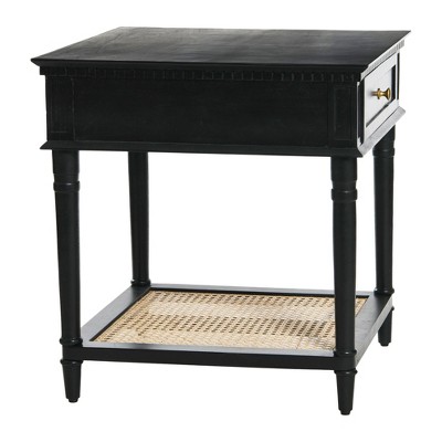 Black Wood End Table with Cane Shelf and Storage