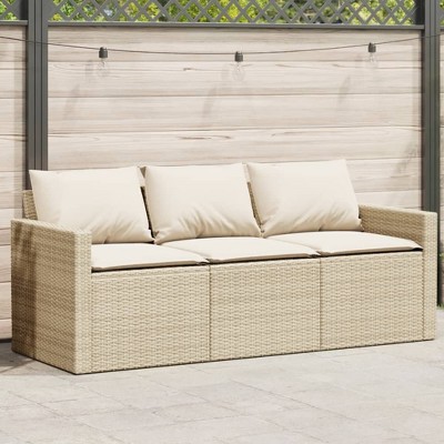 vidaXL Patio Sofa with Cushions 3-Seater Beige Poly Rattan