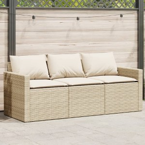 vidaXL Patio Sofa with Cushions 3-Seater Beige Poly Rattan - 1 of 4