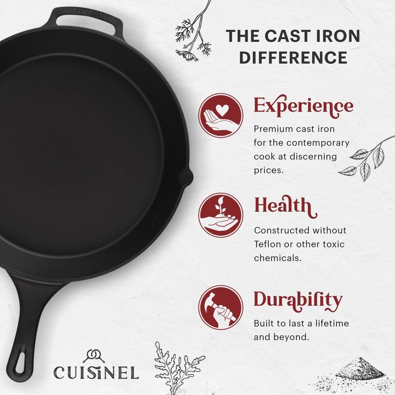 Cuisinel Cast Iron Skillet + Glass Lid + Pan Scraper - 15"-Inch with Cover + Heat-Resistant Silicone Handle Grip, 2 of 4