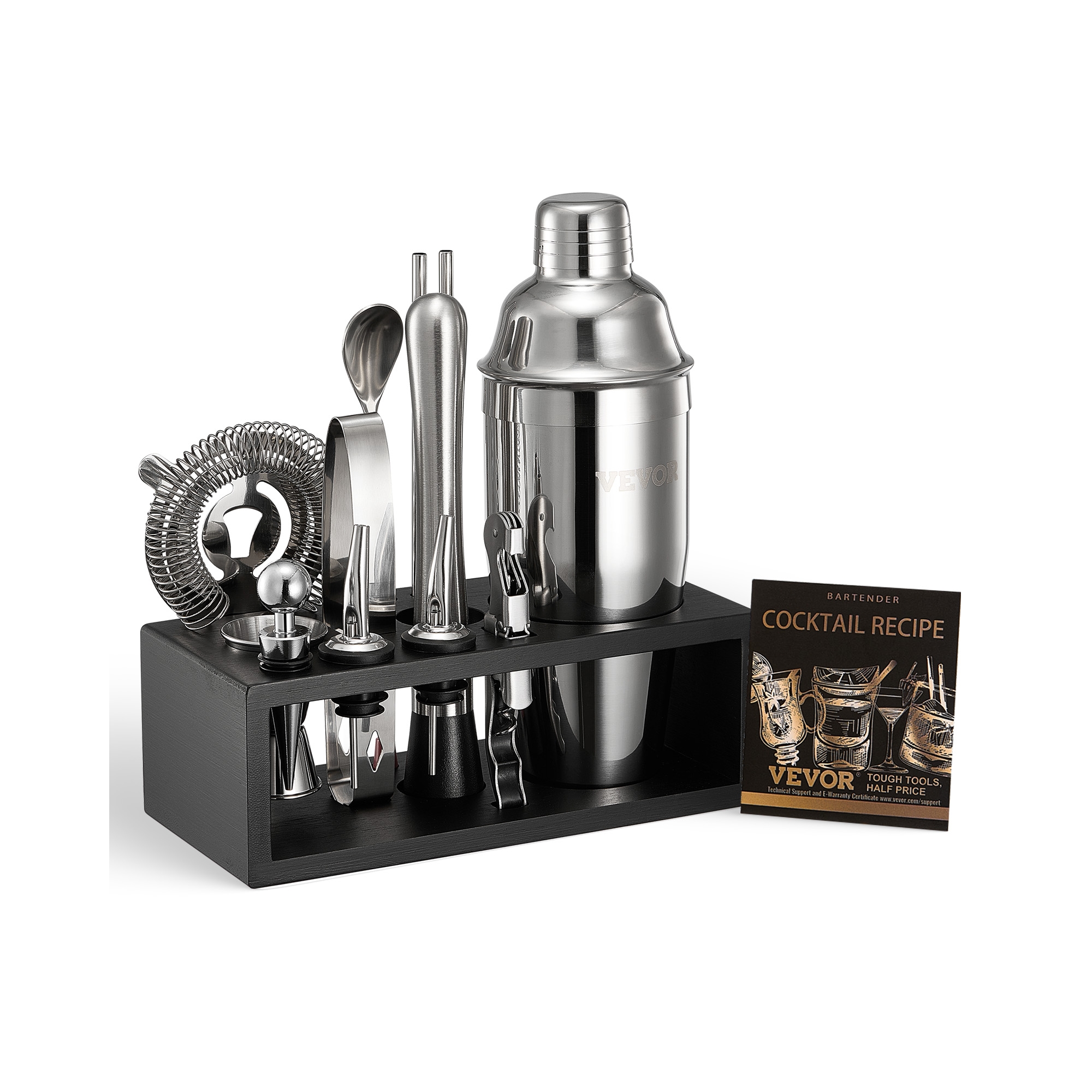 VEVOR Cocktail Shaker Set, 13-Piece Stainless Steel Bar Tools with Bamboo Stand, Martini Bartender Kit Accessories | Mixer Spoon, Jigger,Silver&Black