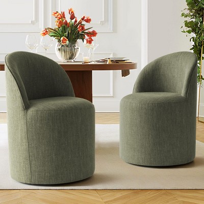 Modern Upholstered Dining Chair with Castors Round Barrel Dining Room Chair Linen Dining Chairs Set of 2 for Kitchen -Tanpinhause