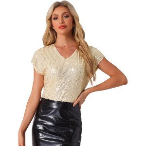Allegra K Women's Sequin Short Sleeve V Neck Party Sparkly Metallic Top - 1 of 4