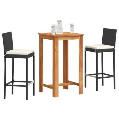 vidaXL 3-Piece Patio Bar Set-Black Poly Rattan & Solid Acacia Wood Table-Square Outdoor Garden Furniture with Cream White Cushions
