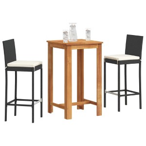 vidaXL 3-Piece Patio Bar Set-Black Poly Rattan & Solid Acacia Wood Table-Square Outdoor Garden Furniture with Cream White Cushions - 1 of 4