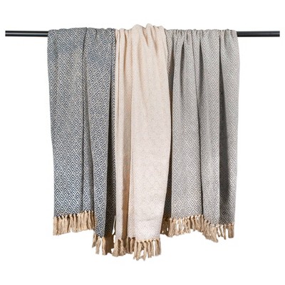 Nautical Blue Cotton Diamond Throw Blanket with Fringe