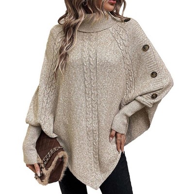 Women's High Neck Batwing Sweater Decorative Button Long Sleeve Pullover Knit Top