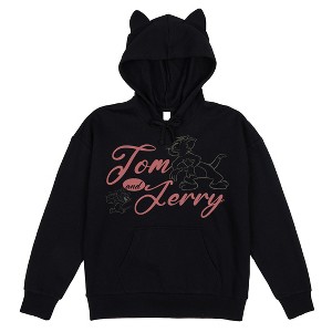 Tom & Jerry Line Art Adult Black Long Sleeve Hooded Sweatshirt With 3D Ears - 1 of 2