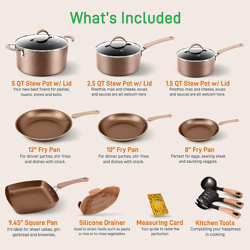 NutriChef Metallic Nonstick Ceramic Cooking Kitchen Cookware Pots & Pan Set w/ Lids, Utensils, & Cool Touch Handle Grips 14 Piece Set, Bronze (4 Pack), 3 of 7