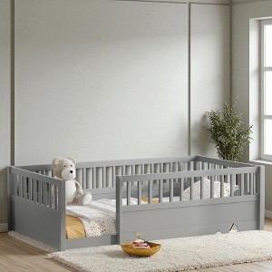 Twin/Full Size Floor Bed with Safety Fence and Open Door, Wooden Montessori Style Platform Bed Frame for Toddlers and Kids Bedroom or Playroom - 1 of 4