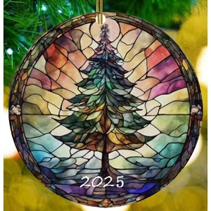 Christmas Ornaments 2025, Stained Glass Style, Round Fun Ceramic Decoration Gifts (Christmas Tree) - 1 of 4