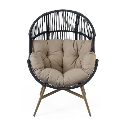 Christopher Knight Home Benno Outdoor Wicker and Iron Egg Chair with Weather-Resistant Cushion, Black