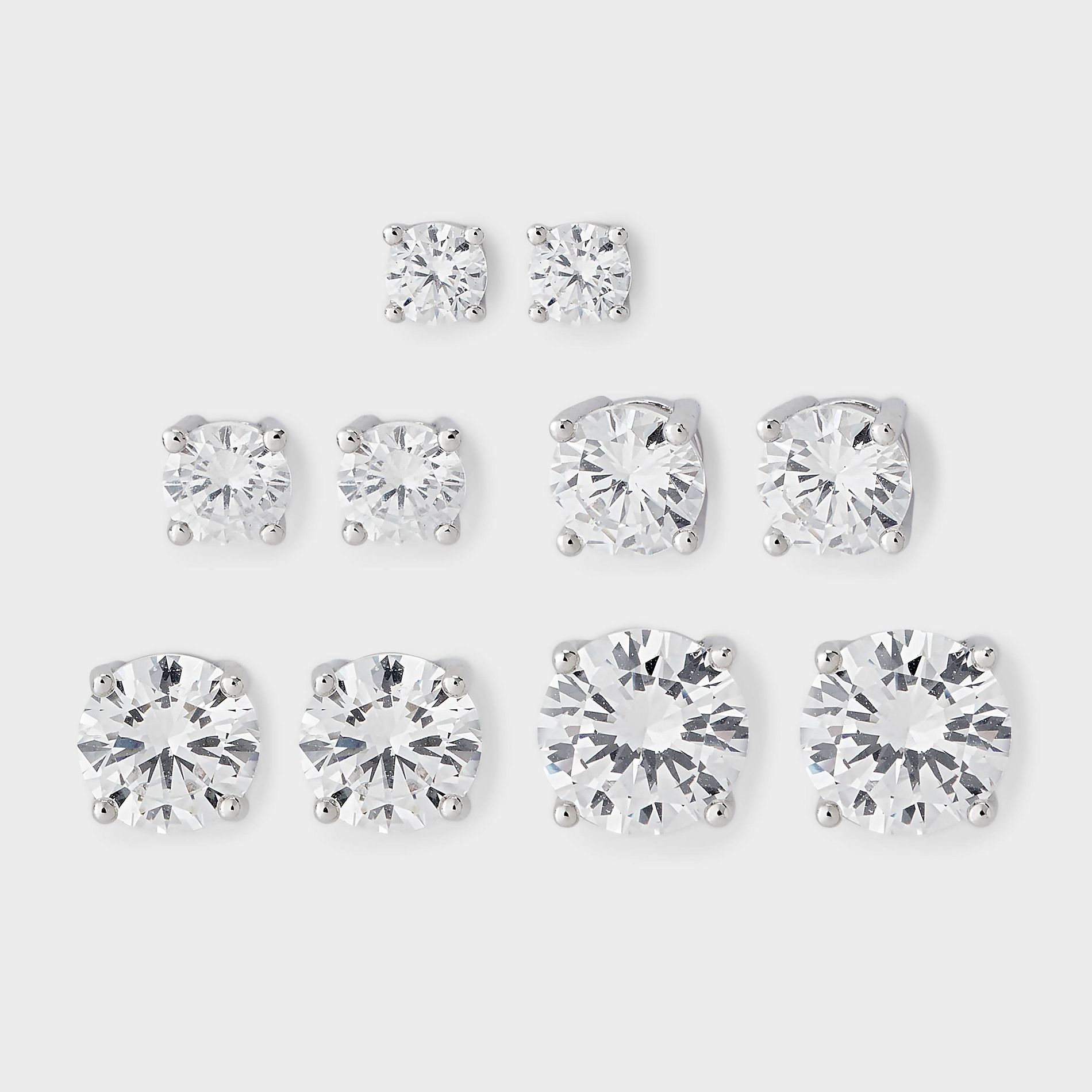 Silver Plated Cubic Zirconia Round Stud Post Earring Set 5pc - A New Day™