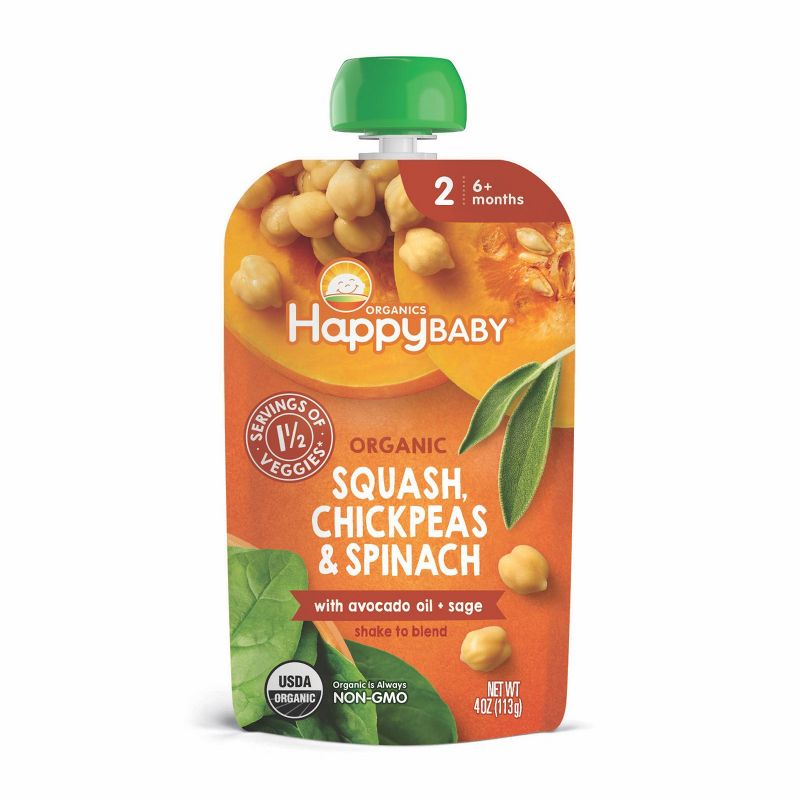 HappyBaby Organics Stage 2 Squash Chickpeas and Spinach with Avocado Oil &#38; Sage Baby Food Pouch - 4oz, 1 of 5