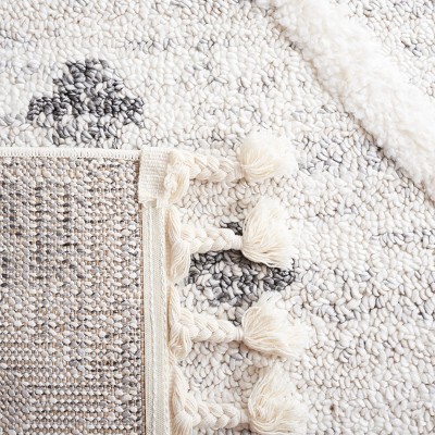 Ivory and Beige Diamond Shag Synthetic Area Rug with Braided Fringe