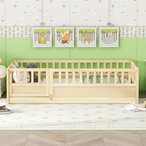Canopy Floor Bed for Kids, Safe Montessori Bed with Guardrails, Four Poster Design Bed with Pine Wood Finish-Baofuwish - 1 of 4