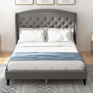 Bed Frame with Headboard – Upholstered Velvet Platform Bed, Rivet Button Tufted, Heavy Duty, No Box Spring - 1 of 4