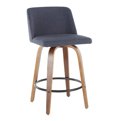 Walnut and Blue Mid-Century Modern Swivel Counter Stools, Set of 2