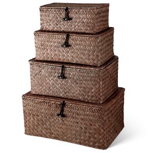 Aoibox Set of 4 Wicker Storage Baskets with Lids Handwoven Seagrass Organizer Multipurpose Home Office Bins Coffee - 1 of 4