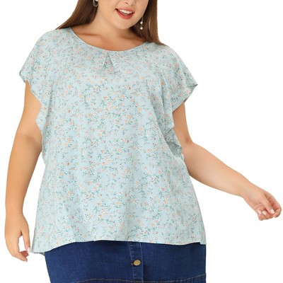 Agnes Orinda Women's Plus Size Summer Chiffon Floral Polka Dots Round Neck Blouses