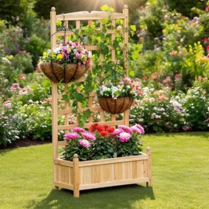SEVOBAL Planters Wooden Raised Garden Bed with Decorative Trellis for Outdoor Plants and Flowers, Brown, 23.5"*11.5"*49.3" - 1 of 4