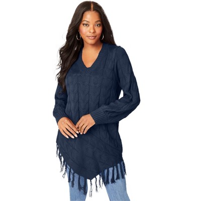 Roaman's Women's Plus Size Fringed Cable Knit Sweater