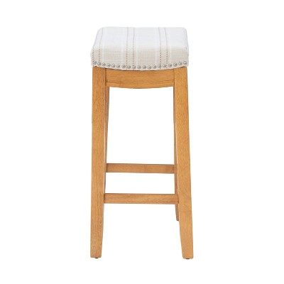Natural Wood Backless Saddle Counter Stool with Striped Linen Seat