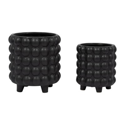 Sagebrook Home 2pc Bubbled Ceramic Planter Pot Matte Black: Set for Indoor & Outdoor Decor, No Drainage, Freestanding