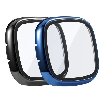 Insten 2-Pack Case For Fitbit Versa 3 and Fitbit Sense, Built in Tempered Glass Screen Protector Plating Hard Cover (Black + Blue)