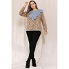 Slickblue Women's Plus Size Contrast Washed Denim Top with Ruffle Yoke and Leopard Design, Brown Denim, 1XL-3XL - 3 of 4