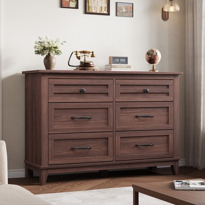 6 Dresser for Bedroom, 47" Wide Dresser, Wide Drawer Dresser with Storage Freestanding, Wooden Closet Dresser Storage Chest for Bedroom, Walnut