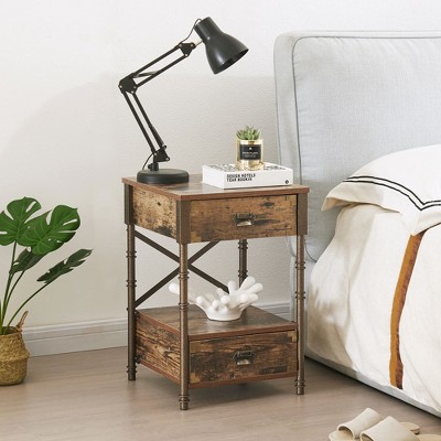 VECELO Nightstand, Vintage Solid Wood Bedside Table with Storage Drawers & Open Shelves for Bedroom or Living Room, Brown