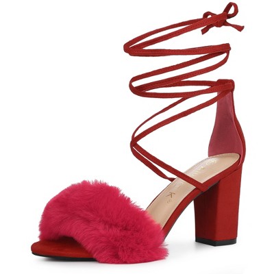 Allegra K Women's Faux Fur Open Toe Lace Up Strappy Chunky Heel Sandals