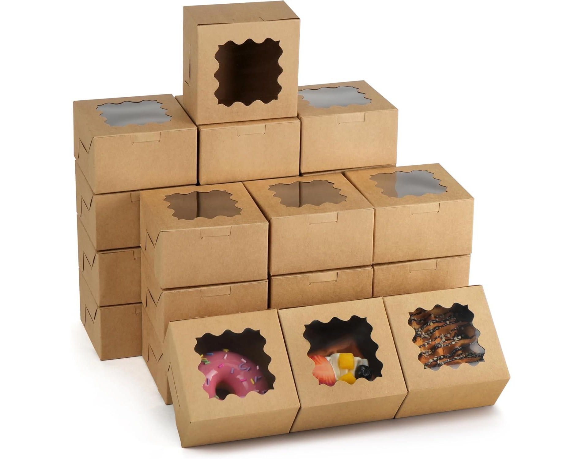 LotFancy 60Pcs Bakery Boxes with Window, 4x4x2.3 in Pastry Boxes for Cookies, Macarons,Brown