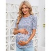 Women's Maternity Shirts Pregnancy Casual Floral Printed Tops Puff Short Sleeve Striped Ruched Side Tunic Top - 2 of 4