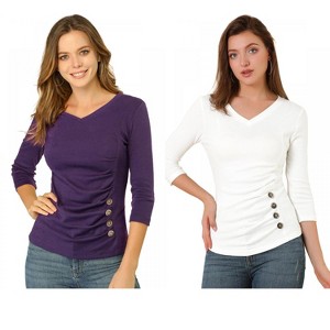 INSPIRE CHIC Women's V Neck 3/4 Sleeves Solid Knitted Buttons Decor Ruched Blouse 2 Packs - 1 of 4